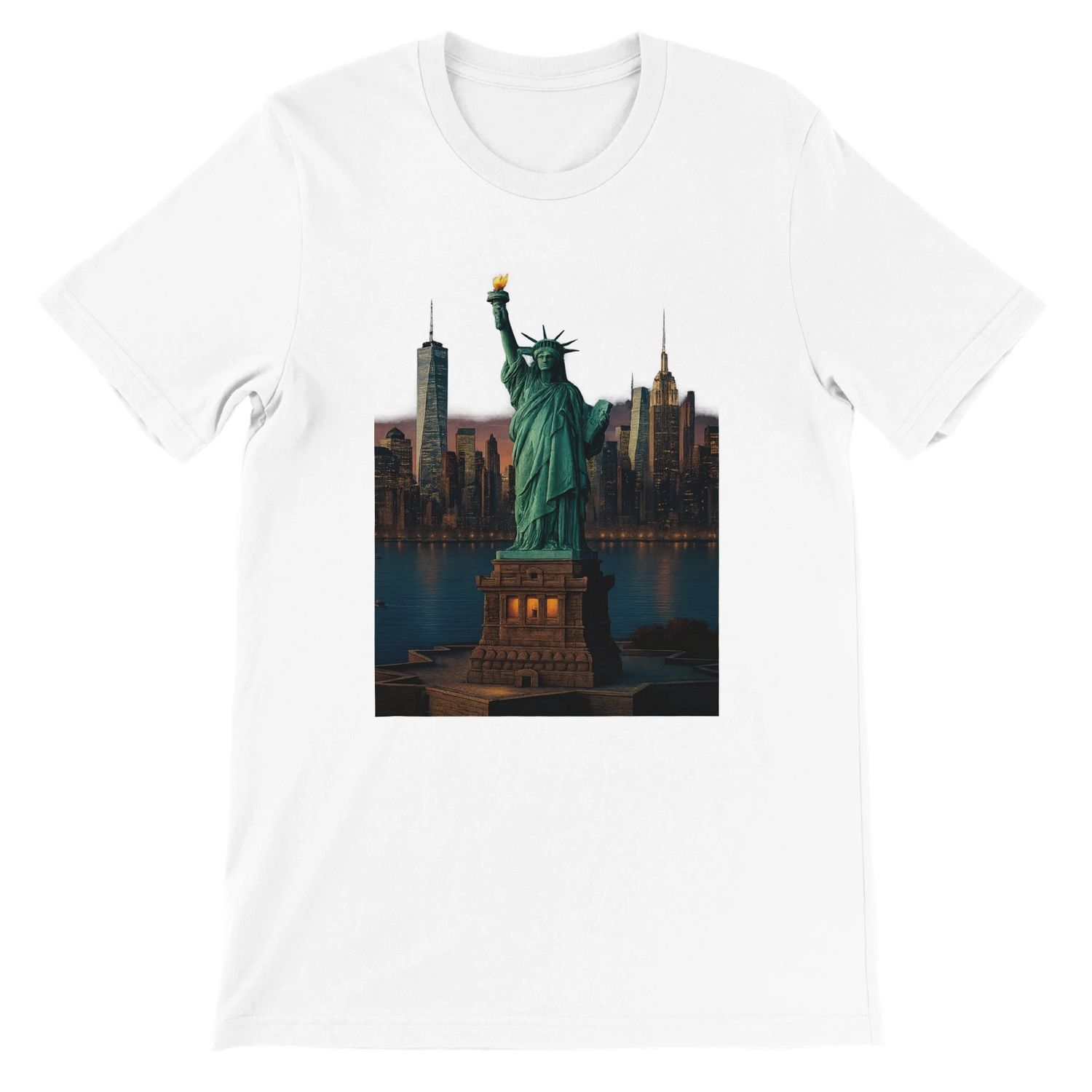 White Statue of Liberty New York City animated style t-shirt featuring bold graphic print of the iconic American landmark in vibrant animated art. Soft unisex cotton tee perfect for streetwear outfits urban fashion and travel lovers.
