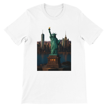 White Statue of Liberty New York City animated style t-shirt featuring bold graphic print of the iconic American landmark in vibrant animated art. Soft unisex cotton tee perfect for streetwear outfits urban fashion and travel lovers.