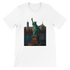 White Statue of Liberty New York City animated style t-shirt featuring bold graphic print of the iconic American landmark in vibrant animated art. Soft unisex cotton tee perfect for streetwear outfits urban fashion and travel lovers.