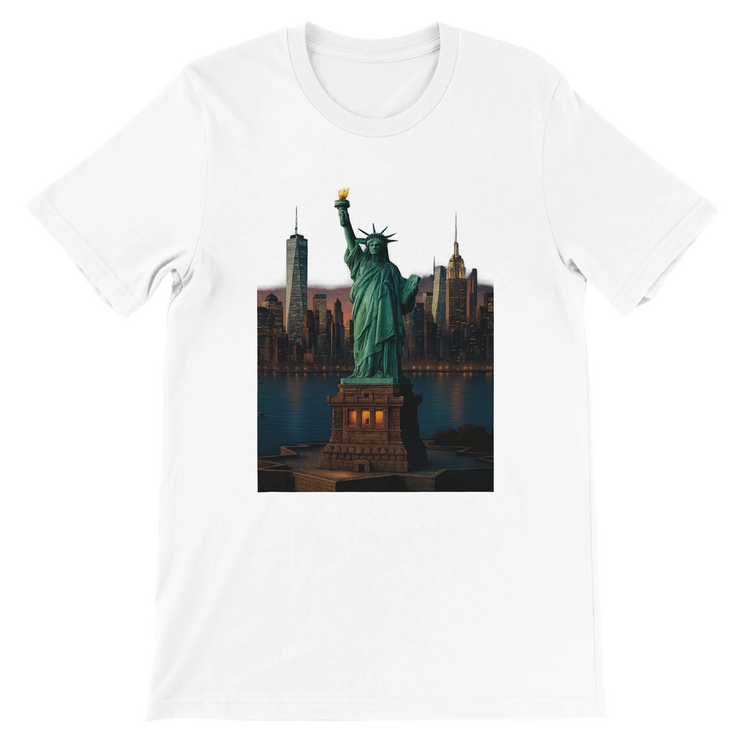 White Statue of Liberty New York City animated style t-shirt featuring bold graphic print of the iconic American landmark in vibrant animated art. Soft unisex cotton tee perfect for streetwear outfits urban fashion and travel lovers.