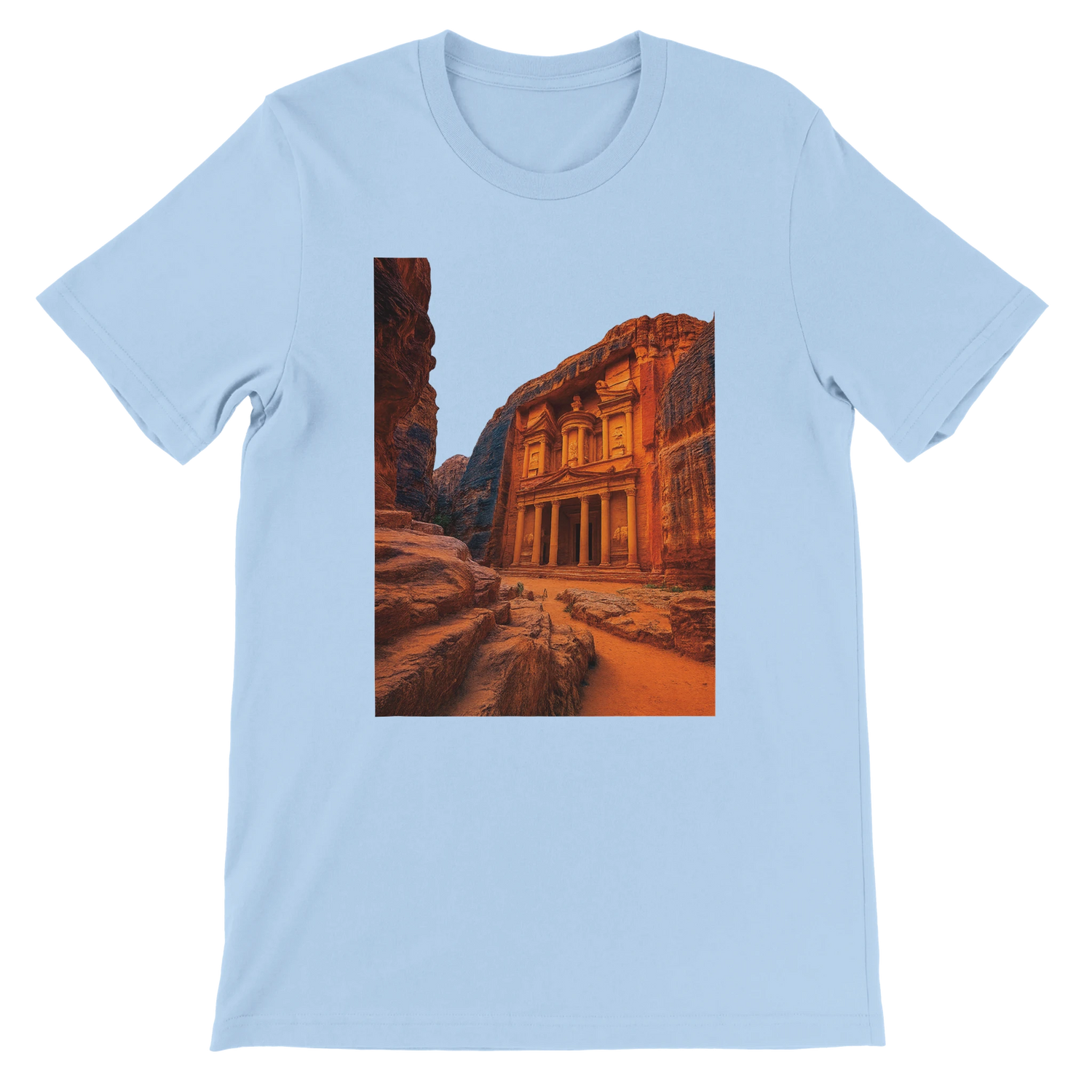 Baby blue Petra in Jordan animated style t shirt with colorful historic landmark design made for travel lovers comfortable cotton fit eco friendly print on demand fashion perfect for everyday cultural wear