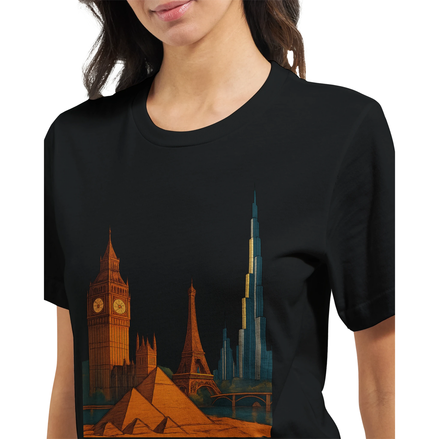 City Landmarks Animated T Shirt with artistic animated interpretations of international landmarks in bright vivid colors. Perfect cotton travel shirt for architecture fans cultural travelers and art lovers who enjoy wearing global heritage in modern streetwear style.