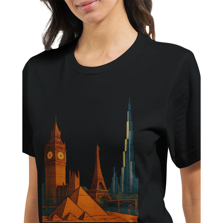 City Landmarks Animated T Shirt with artistic animated interpretations of international landmarks in bright vivid colors. Perfect cotton travel shirt for architecture fans cultural travelers and art lovers who enjoy wearing global heritage in modern streetwear style.