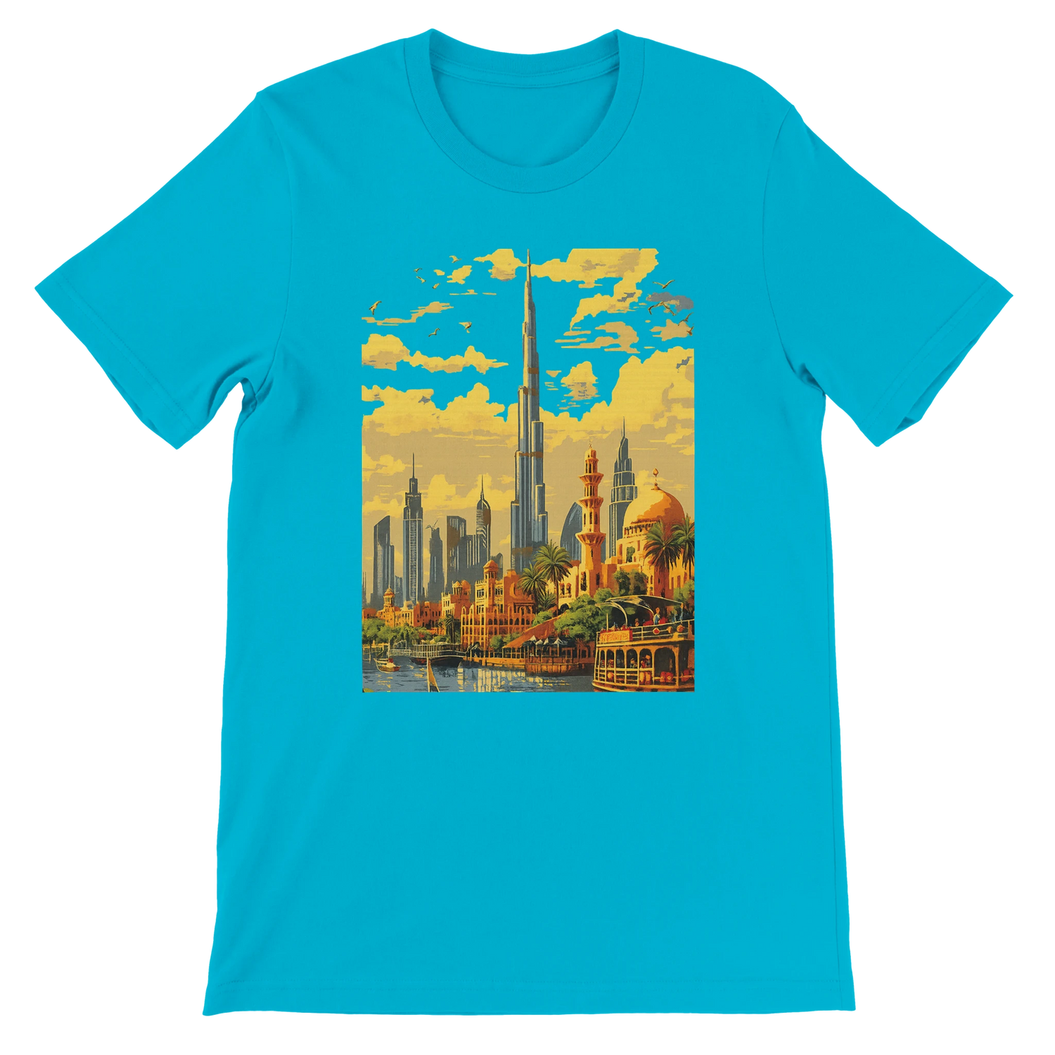 Turquoise Dubai Burj Khalifa animated illustration t shirt showcasing vibrant skyline artwork for urban fashion fans travel lovers and global culture wearers made from soft cotton fabric for all day comfort and perfect for street style looks