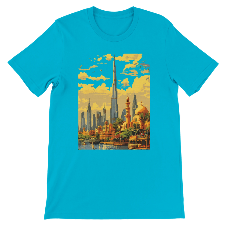 Turquoise Dubai Burj Khalifa animated illustration t shirt showcasing vibrant skyline artwork for urban fashion fans travel lovers and global culture wearers made from soft cotton fabric for all day comfort and perfect for street style looks