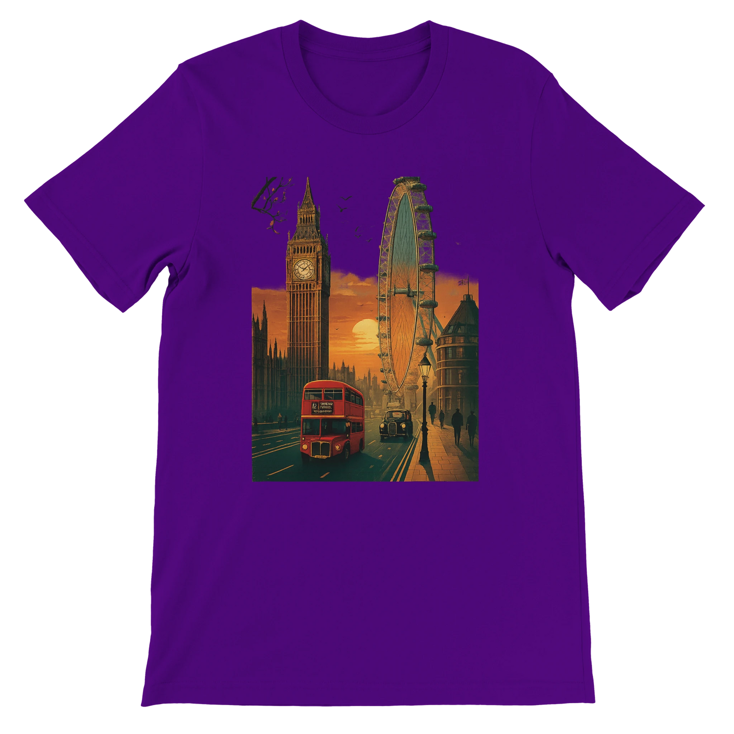 Team Purple London City Animated Style vibrant cartoon skyline T-shirt made from premium cotton DTG print travel inspired shirt perfect for stylish urban fashion lovers