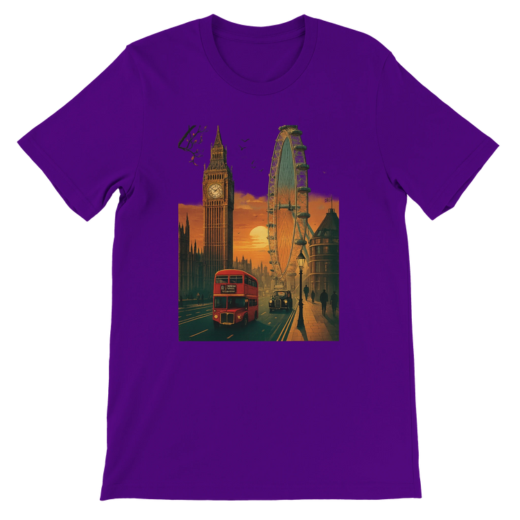 Team Purple London City Animated Style vibrant cartoon skyline T-shirt made from premium cotton DTG print travel inspired shirt perfect for stylish urban fashion lovers