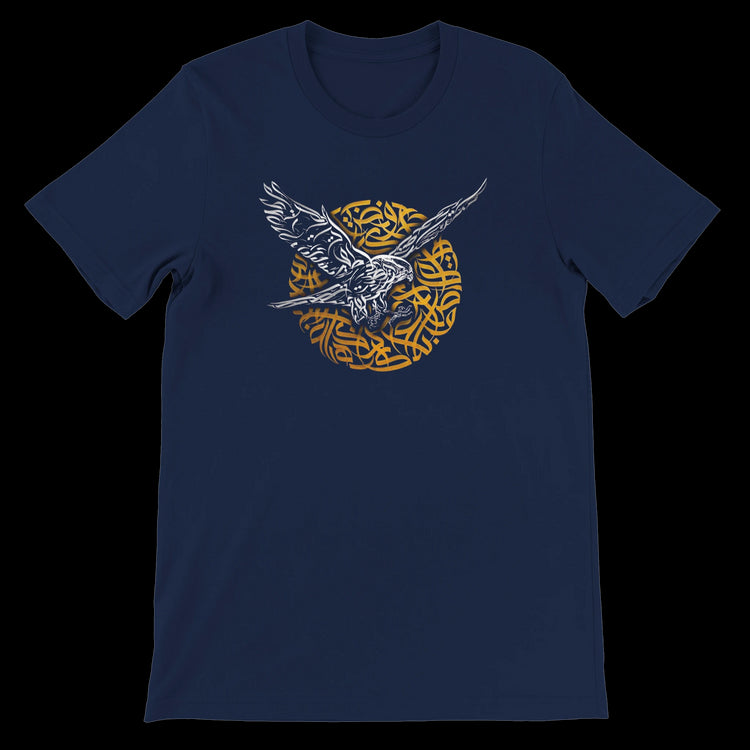 Navy t-shirt with falcon in flight calligraphy design representing wisdom.