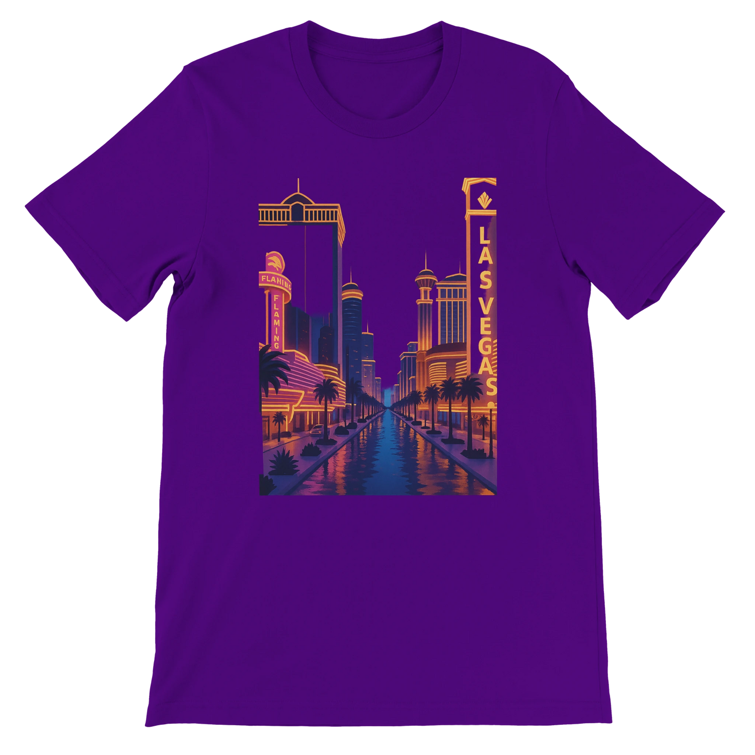 Team Purple Las Vegas City Animated Style t-shirt showcasing vibrant cartoon skyline art of Las Vegas. Premium soft cotton travel fashion shirt for streetwear enthusiasts and lovers of animated city prints.