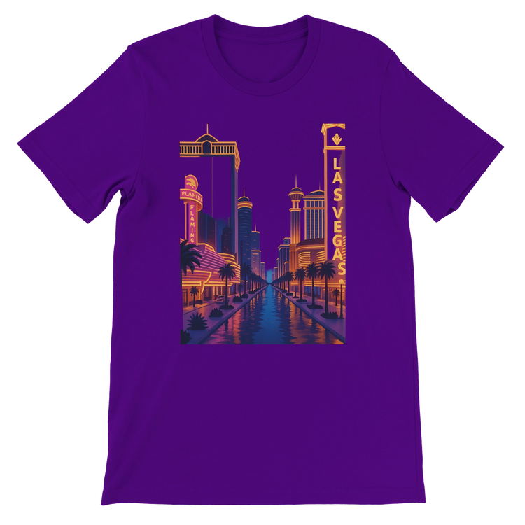 Team Purple Las Vegas City Animated Style t-shirt showcasing vibrant cartoon skyline art of Las Vegas. Premium soft cotton travel fashion shirt for streetwear enthusiasts and lovers of animated city prints.