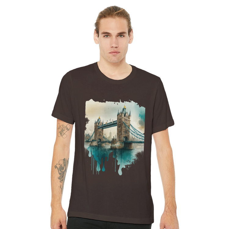 Unisex Tower Bridge London cotton tee with modern graphic landmark design – high-quality tourist shirt with detailed animation, tailored for street fashion and direct-to-garment printing. Great for city travel outfits and casual wear.