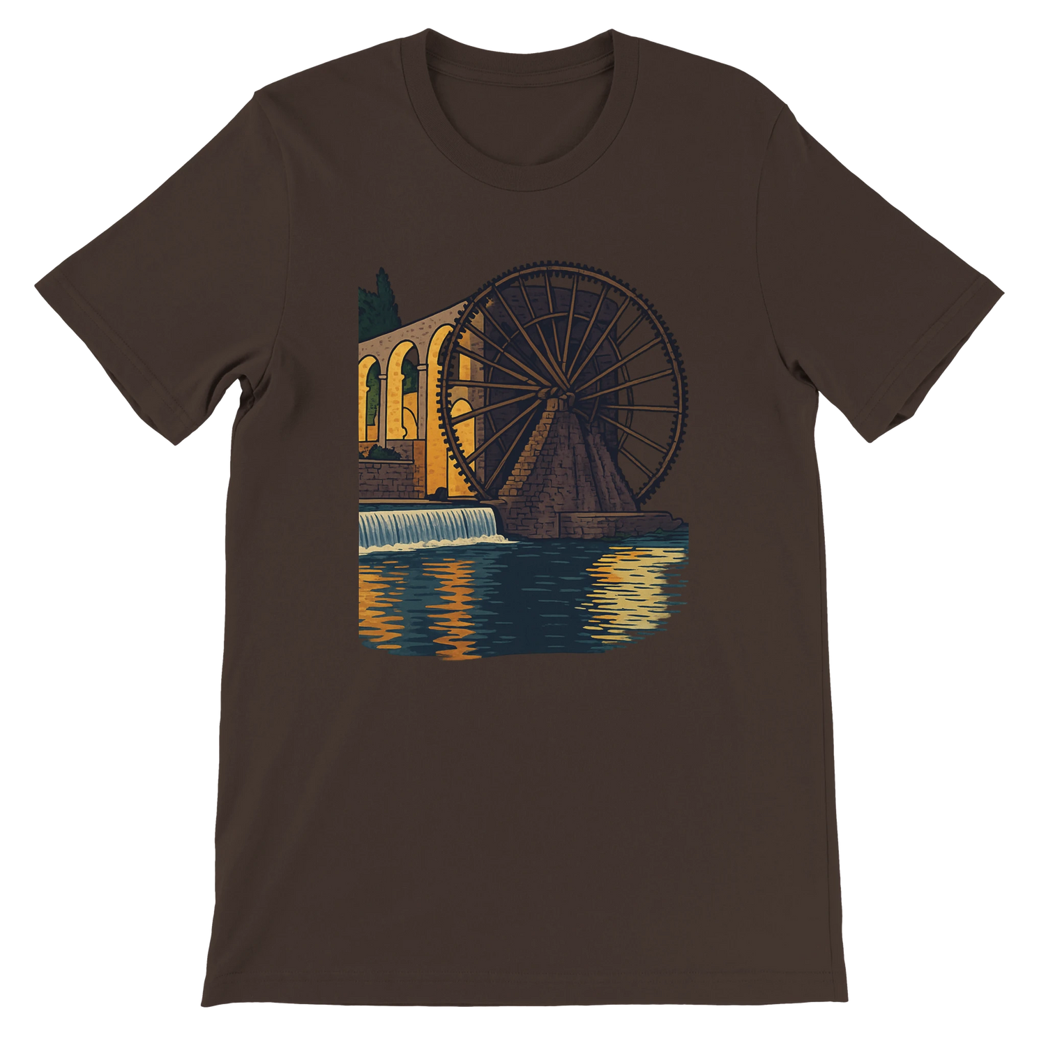 Brown t-shirt featuring a unique animated version of the Hama WaterWheels in Syria. Premium cotton tee with unisex fit made for cultural fashion enthusiasts and global landmark lovers. Perfect for eco-conscious streetwear collections.