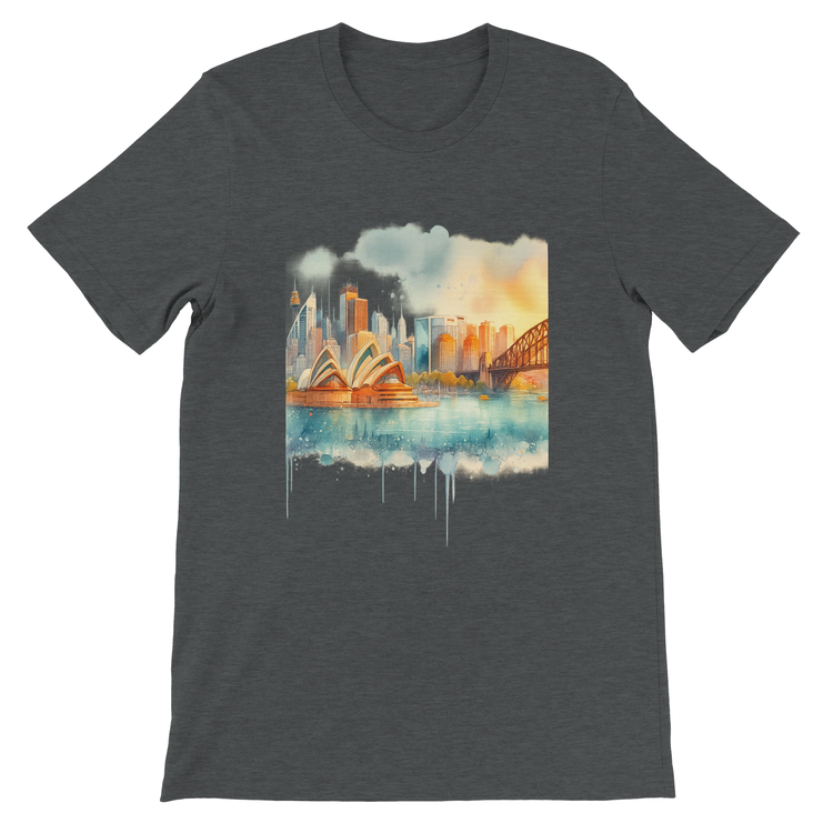 Dark grey heather t-shirt with vibrant animated Sydney Opera House and Harbour Bridge design. Ideal for modern travel lovers and cultural streetwear fans. Premium DTG print on soft combed cotton with a stylish, tailored unisex cut.