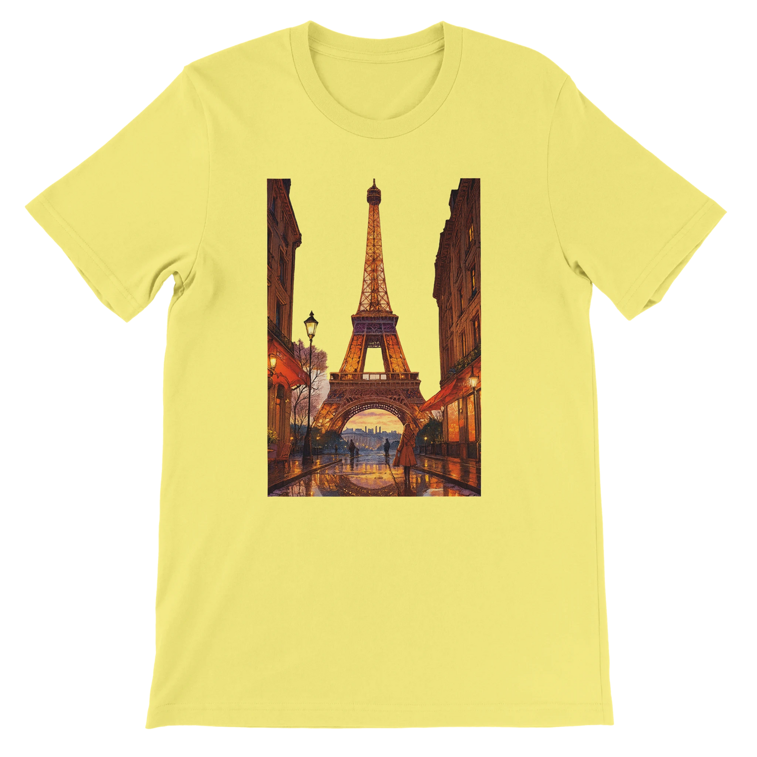 Yellow animated Eiffel Tower Paris t-shirt in bold streetwear style with bright travel inspired art premium cotton breathable unisex fit perfect for fashion forward travelers and global culture enthusiasts eco friendly print on demand shirt