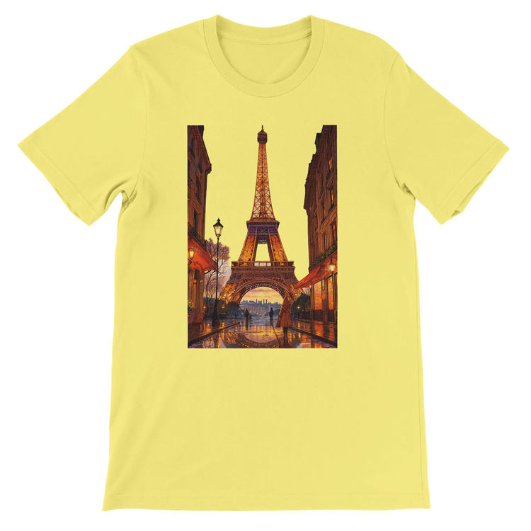 Yellow animated Eiffel Tower Paris t-shirt in bold streetwear style with bright travel inspired art premium cotton breathable unisex fit perfect for fashion forward travelers and global culture enthusiasts eco friendly print on demand shirt