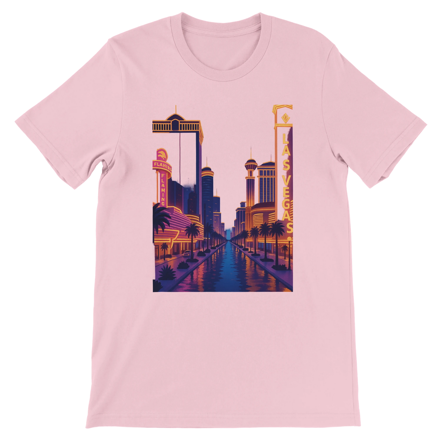 Pink Las Vegas City Animated Style t-shirt with a colorful cartoon-inspired skyline print of Las Vegas. Premium soft cotton unisex fit travel fashion shirt for urban style lovers wanderlust enthiasts and vibrant graphic streetwear outfits.