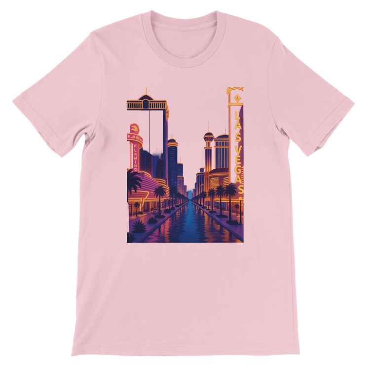 Pink Las Vegas City Animated Style t-shirt with a colorful cartoon-inspired skyline print of Las Vegas. Premium soft cotton unisex fit travel fashion shirt for urban style lovers wanderlust enthiasts and vibrant graphic streetwear outfits.