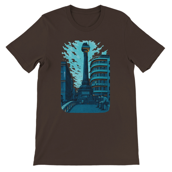 Brown unisex T shirt with artistic animated Al Marjeh Square Damascus Syria print durable eco friendly cotton shirt for cultural fashion travelers and urban style lovers