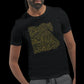 Man wearing black cotton t-shirt with gold Egypt calligraphy map.
