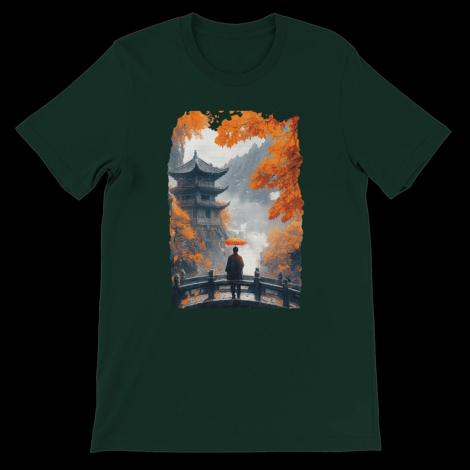 Forest green t-shirt showing a pagoda scene with a red umbrella.