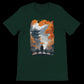 Forest green t-shirt showing a pagoda scene with a red umbrella.
