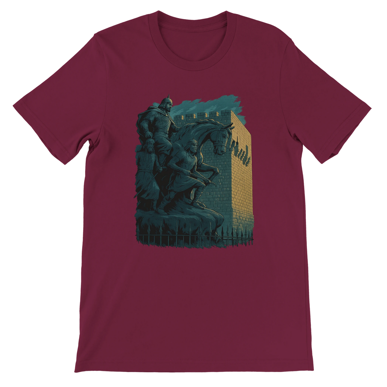 Maroon colored t-shirt displaying artistic animated landmark of Salah Al Din statue in Syria. Trendy streetwear for cultural fashion lovers and travelers. Soft eco-conscious fabric designed for vibrant DTG printing and daily wear comfort.