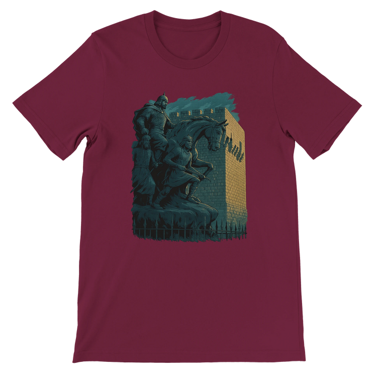 Maroon colored t-shirt displaying artistic animated landmark of Salah Al Din statue in Syria. Trendy streetwear for cultural fashion lovers and travelers. Soft eco-conscious fabric designed for vibrant DTG printing and daily wear comfort.