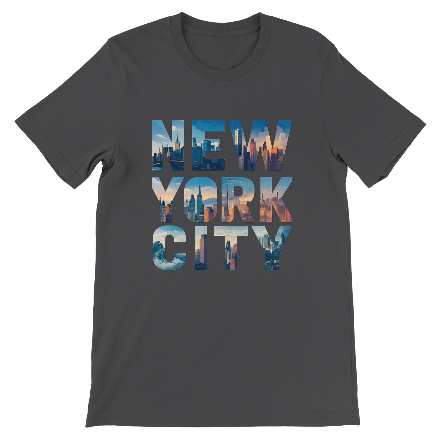 Dark grey New York City skyline graphic t shirt animated lettering design premium quality cotton comfortable fit stylish urban streetwear fashion for city explorers and travelers