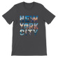 Dark grey New York City skyline graphic t shirt animated lettering design premium quality cotton comfortable fit stylish urban streetwear fashion for city explorers and travelers