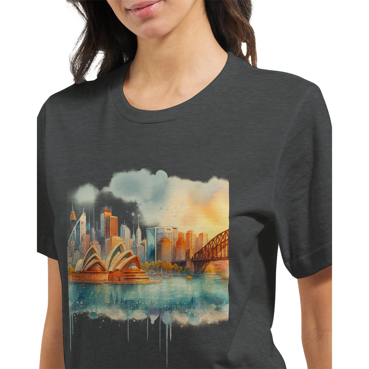 Animated landmarks graphic tee featuring Australia’s most famous skyline – the Sydney Opera House and Harbour Bridge. Ideal for those into urban art, international city fashion, and destination-themed casual wear.