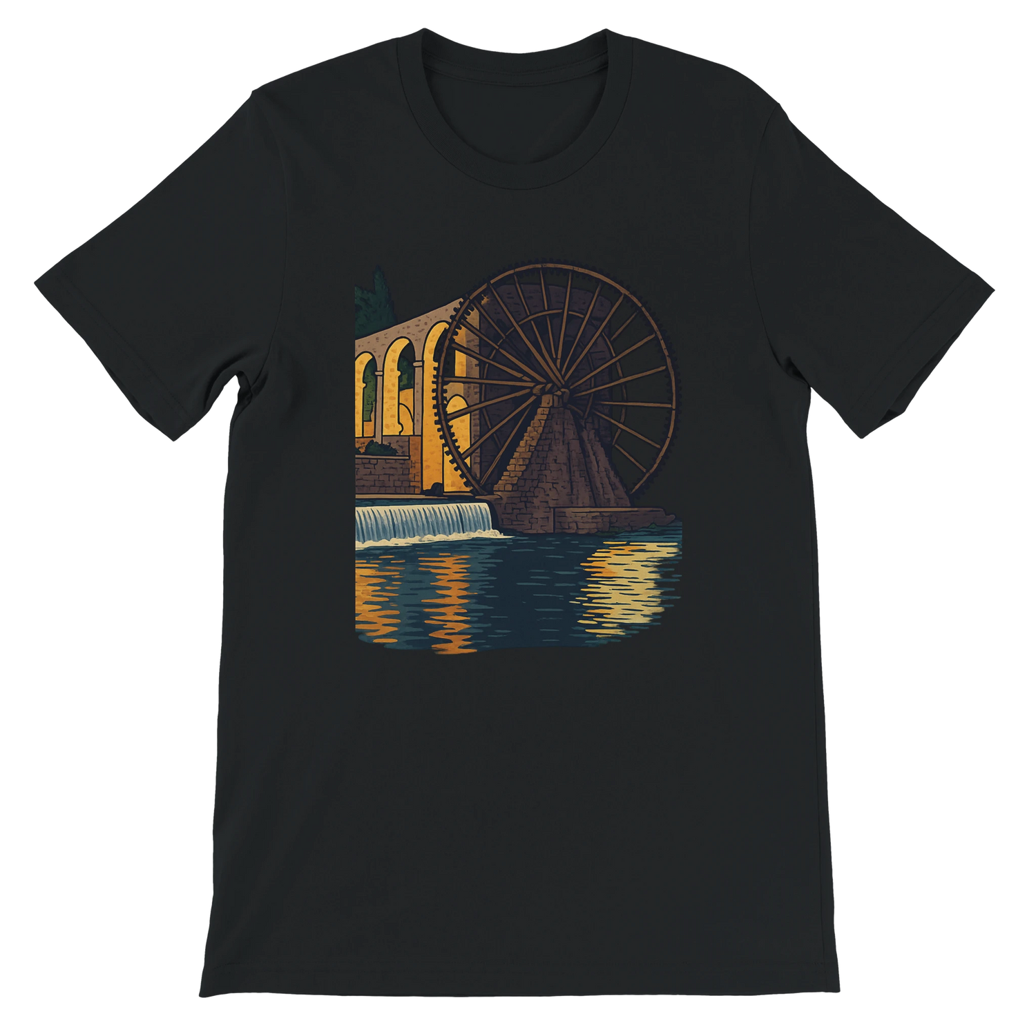 Black unisex t-shirt with vibrant animated Hama WaterWheels of Syria design. Soft premium cotton shirt ideal for travel lovers, world landmark collectors, and casual street fashion. Perfect for DTG printing with rich colors and long-lasting wear.