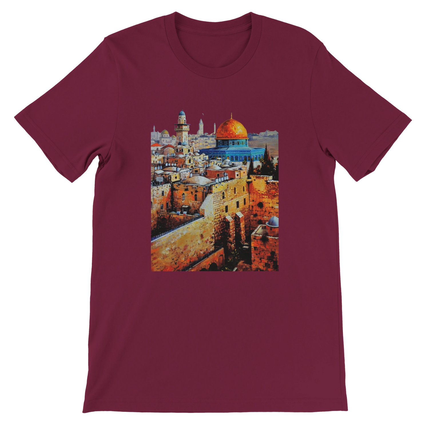Maroon Al Aqsa Mosque animated style mosque T-shirt printed on premium cotton for superior comfort. Unisex cultural heritage tee perfect for travel lovers streetwear style and Islamic architecture fans.