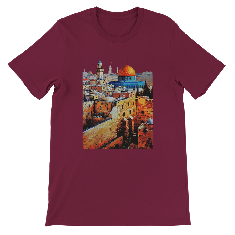 Maroon Al Aqsa Mosque animated style mosque T-shirt printed on premium cotton for superior comfort. Unisex cultural heritage tee perfect for travel lovers streetwear style and Islamic architecture fans.
