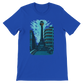 True royal blue unisex T shirt with animated depiction of Al Marjeh Square Damascus Syria high quality cotton tee for cultural streetwear travelers and global fashion lovers