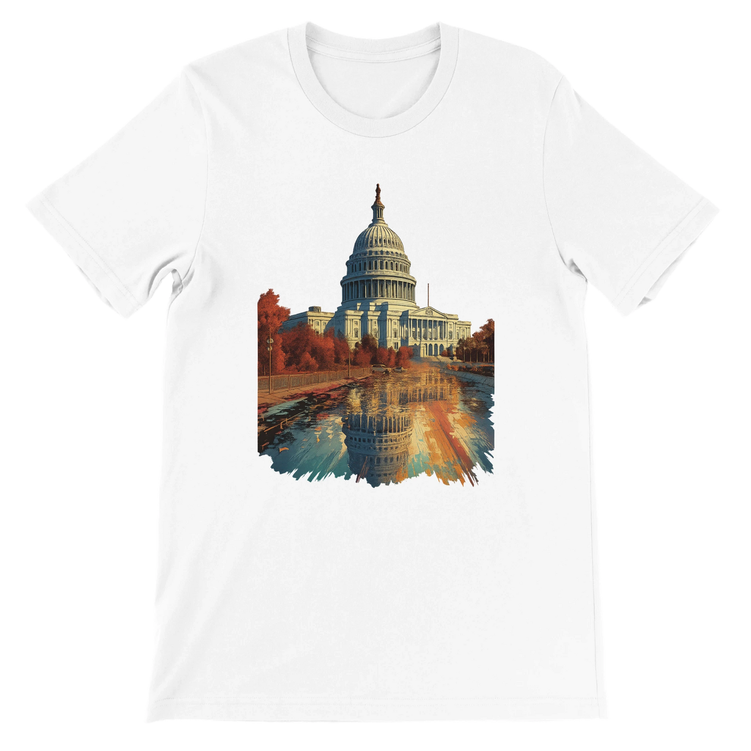 White t-shirt with animated White House print inspired by Washington DC landmarks featuring vibrant DTG design on premium cotton. Unisex streetwear tee perfect for travelers and fans of iconic city style fashion.