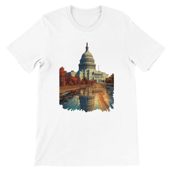 White t-shirt with animated White House print inspired by Washington DC landmarks featuring vibrant DTG design on premium cotton. Unisex streetwear tee perfect for travelers and fans of iconic city style fashion.