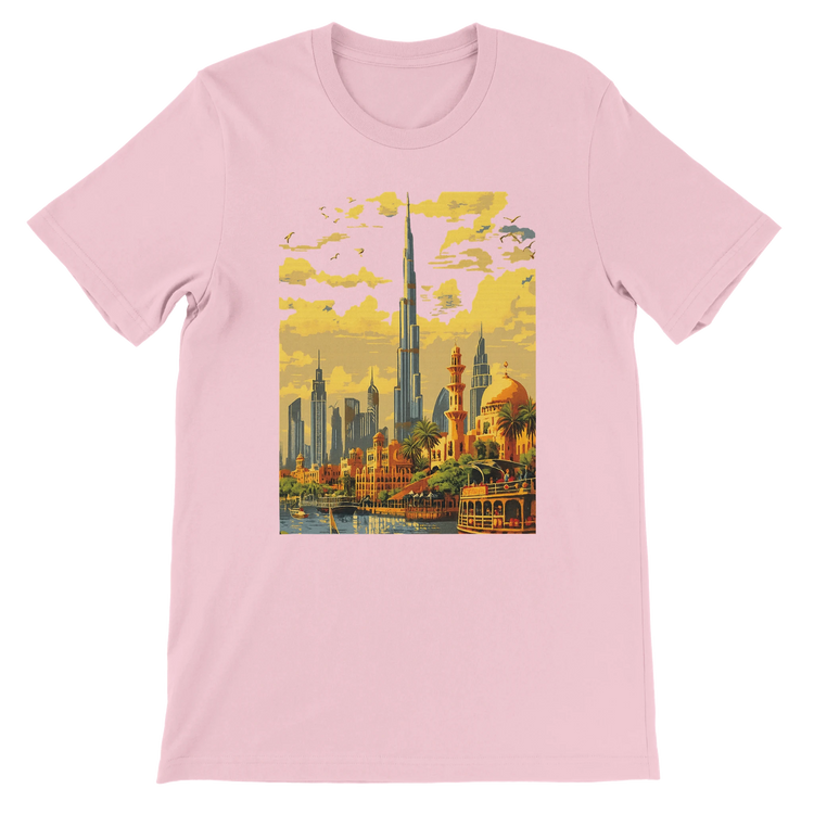 Pink Burj Khalifa Dubai animated style cotton t shirt with colorful landmark art ideal for travelers city skyline lovers and modern streetwear fashion premium quality unisex tee for global culture enthusiasts and print on demand apparel shoppers