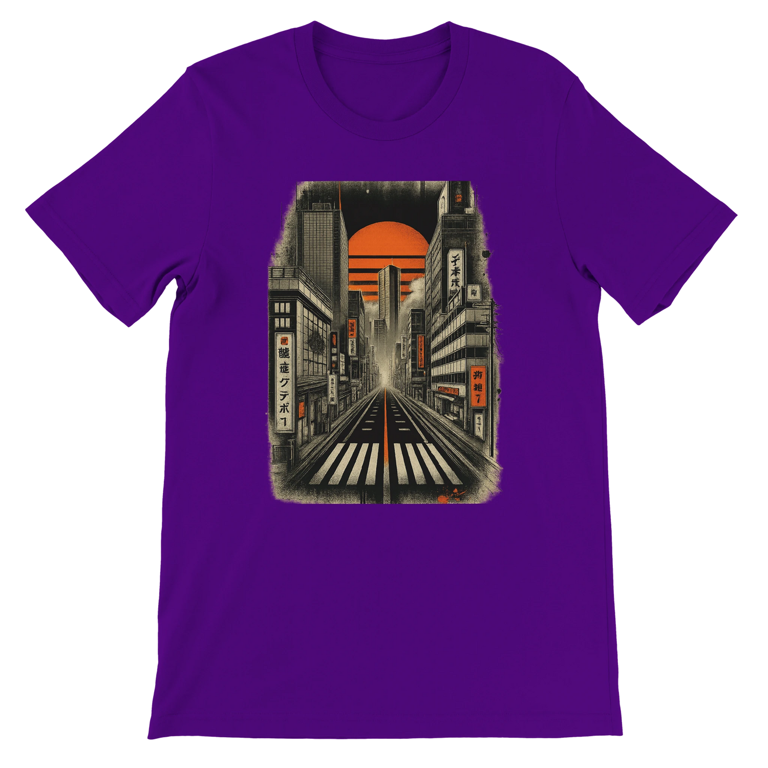 Team Purple Tokyo Nights animated graphic tee showcasing vibrant neon Japanese skyline stylish premium cotton fabric unisex fit eco friendly print on demand streetwear fashion perfect for anime culture lovers and city travel enthusiasts