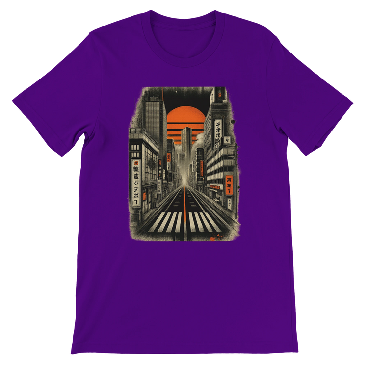 Team Purple Tokyo Nights animated graphic tee showcasing vibrant neon Japanese skyline stylish premium cotton fabric unisex fit eco friendly print on demand streetwear fashion perfect for anime culture lovers and city travel enthusiasts