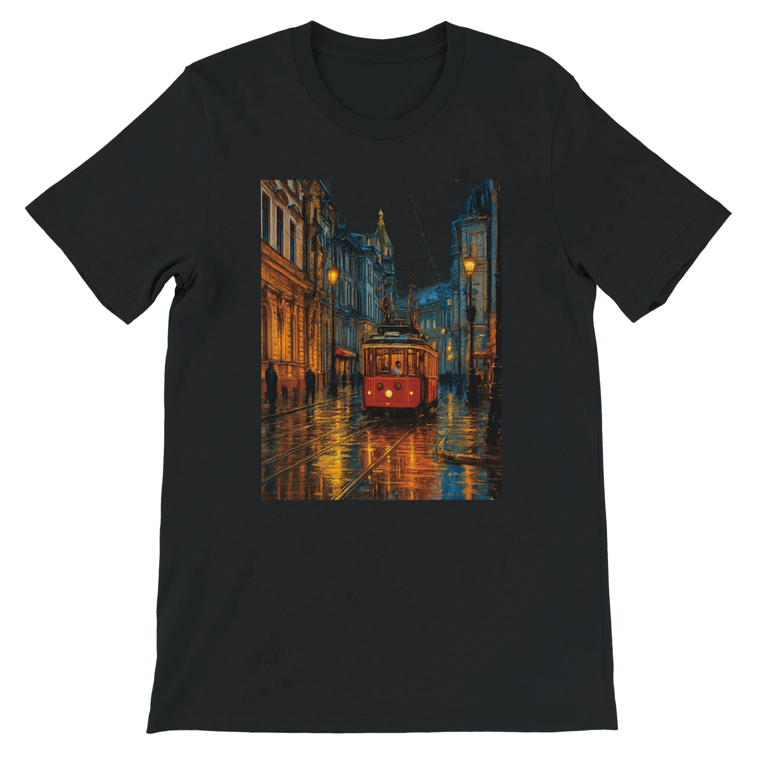 Black unisex premium cotton t-shirt with colorful animated Istanbul Taksim Street design perfect for urban streetwear outfits travel inspired fashion and world landmark graphic apparel lovers