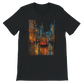 Black unisex premium cotton t-shirt with colorful animated Istanbul Taksim Street design perfect for urban streetwear outfits travel inspired fashion and world landmark graphic apparel lovers