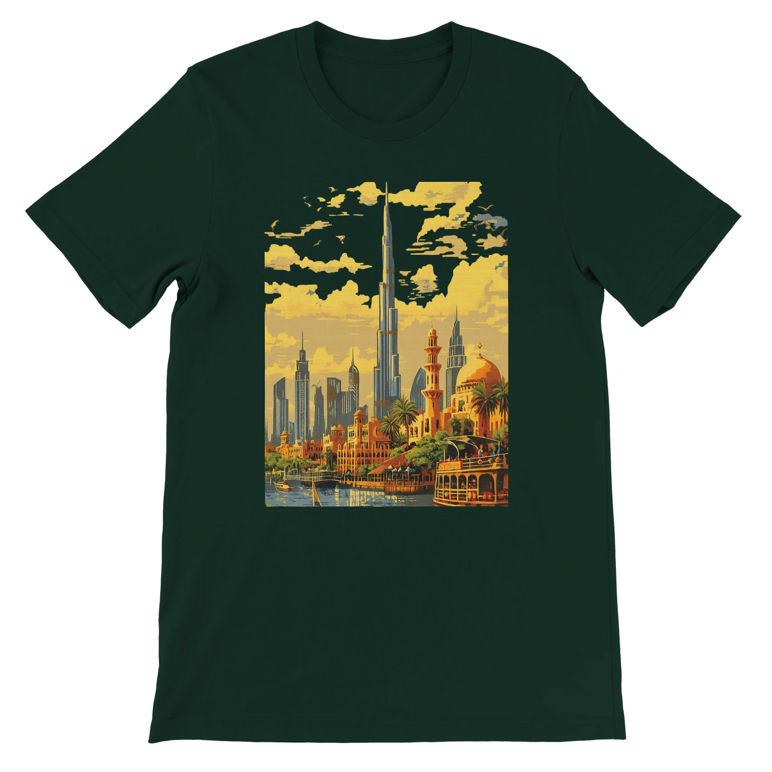 Forest green Burj Khalifa Dubai animated style t shirt featuring vibrant city landmark design perfect for travelers architectural art lovers and streetwear enthusiasts high quality cotton tee designed for print on demand apparel and urban culture fashion