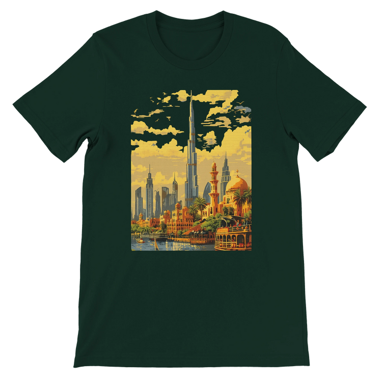Forest green Burj Khalifa Dubai animated style t shirt featuring vibrant city landmark design perfect for travelers architectural art lovers and streetwear enthusiasts high quality cotton tee designed for print on demand apparel and urban culture fashion