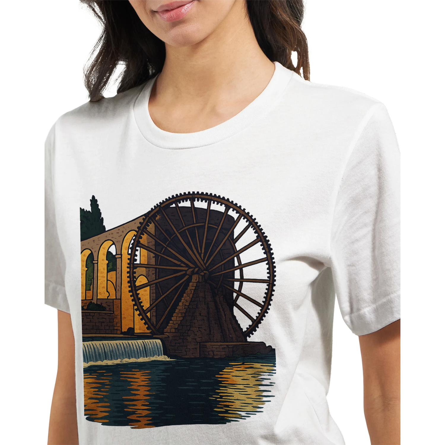 Premium DTG printed cultural landmark t shirt showcasing animated Hama WaterWheels Syria perfect for modern streetwear travel fashion and city lovers