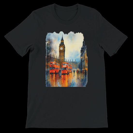 Black Big Ben London t-shirt with iconic red double-decker buses graphic.