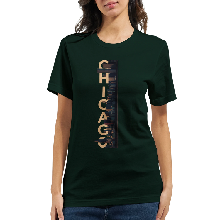 Chicago skyline graphic t shirt with animated cityscape design premium unisex travel tee for city lovers and iconic landmark apparel perfect gift for Chicago enthusiasts