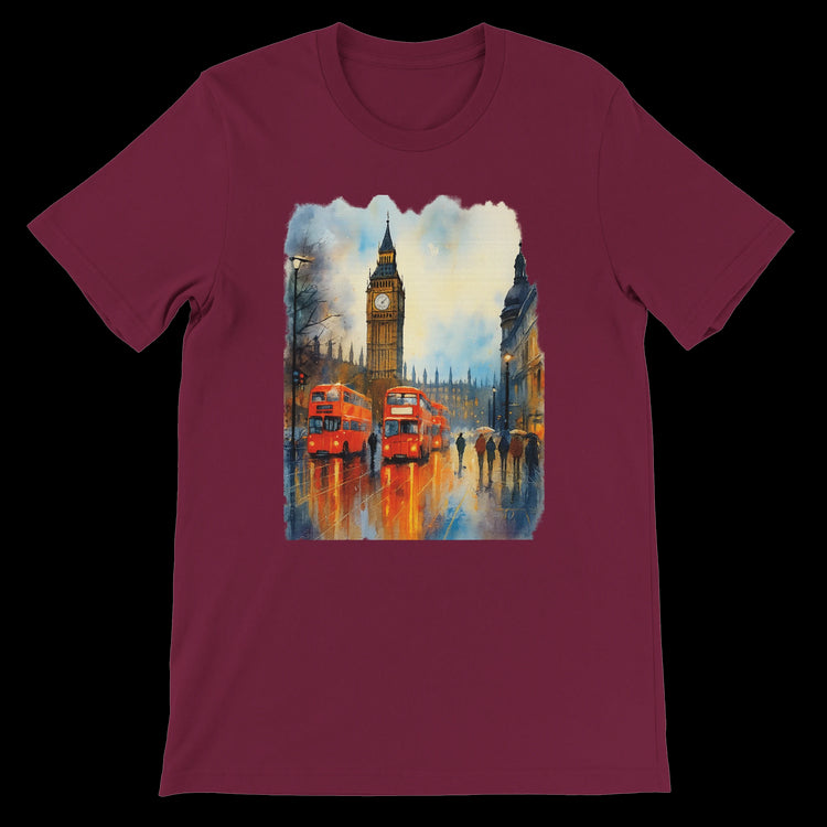 Maroon graphic tee with Big Ben and double-decker bus design.