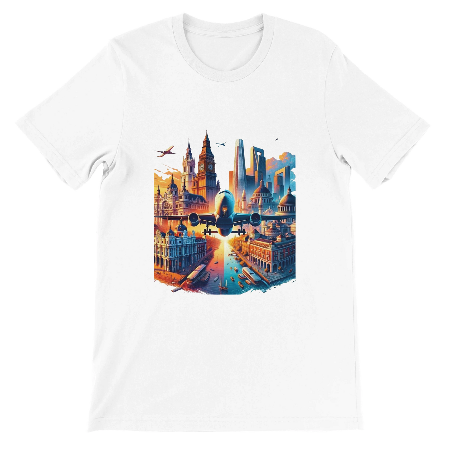 White unisex t-shirt featuring animated world famous landmarks including Eiffel Tower pyramids and global city skylines reimagined in a bold colorful streetwear style. Premium cotton travel graphic tee perfect for globe trotters art lovers and modern urban fashion.

