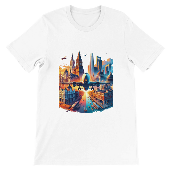 White unisex t-shirt featuring animated world famous landmarks including Eiffel Tower pyramids and global city skylines reimagined in a bold colorful streetwear style. Premium cotton travel graphic tee perfect for globe trotters art lovers and modern urban fashion.
