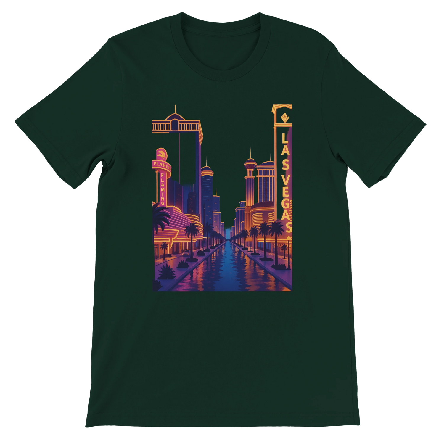 Forest green Las Vegas City Animated Style t-shirt with vibrant artistic animated Las Vegas skyline. Soft eco-friendly cotton streetwear shirt for travel lovers and casual fashion outfits.